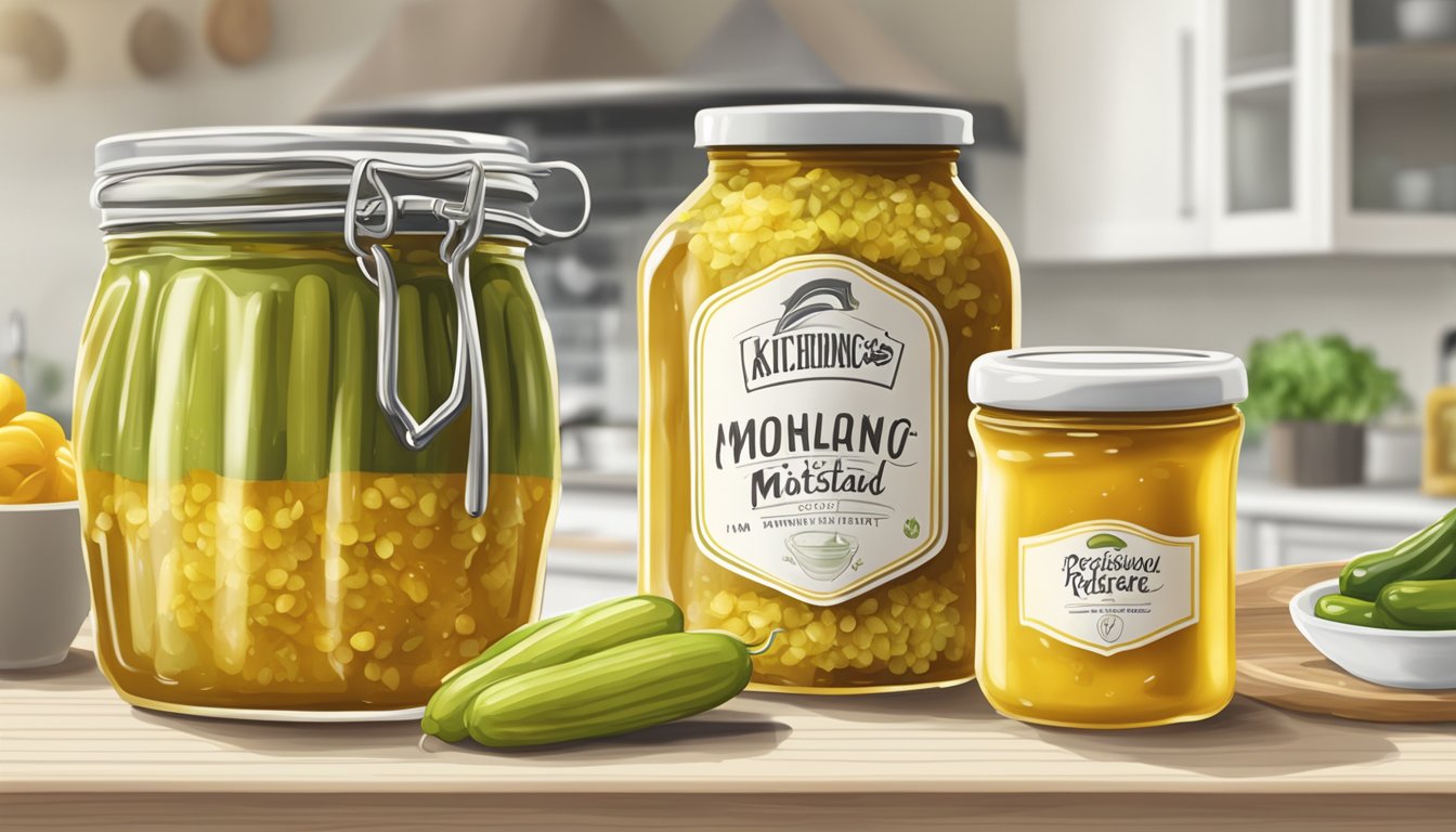 A jar of honey mustard and a jar of sweet pickle relish on a kitchen counter