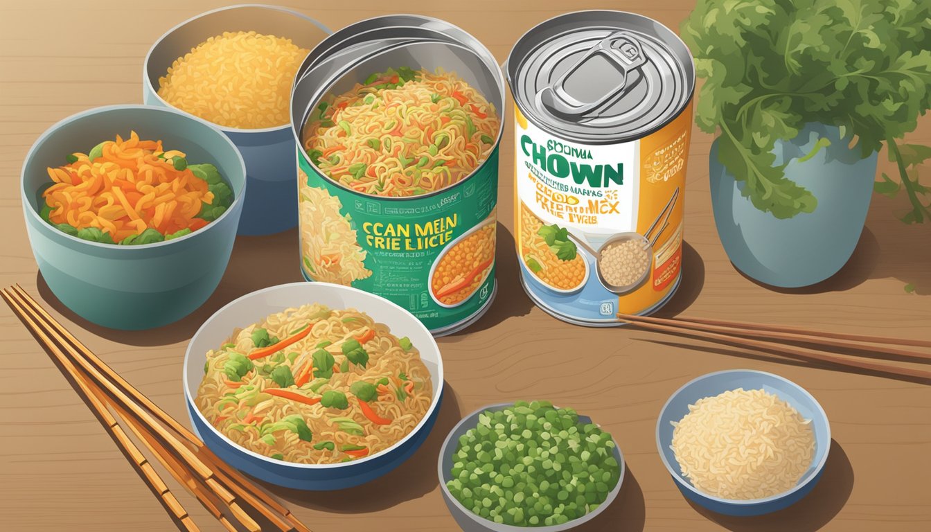 A can of chow mein and a box of fried rice mix sit side by side on a kitchen counter, surrounded by scattered vegetables and chopsticks