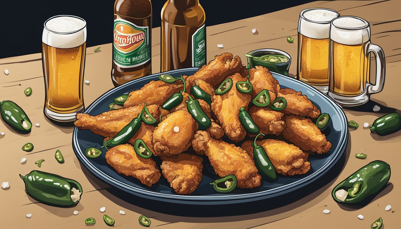 A plate with frozen chicken wings and jalapeno poppers, surrounded by empty beer bottles and a messy table