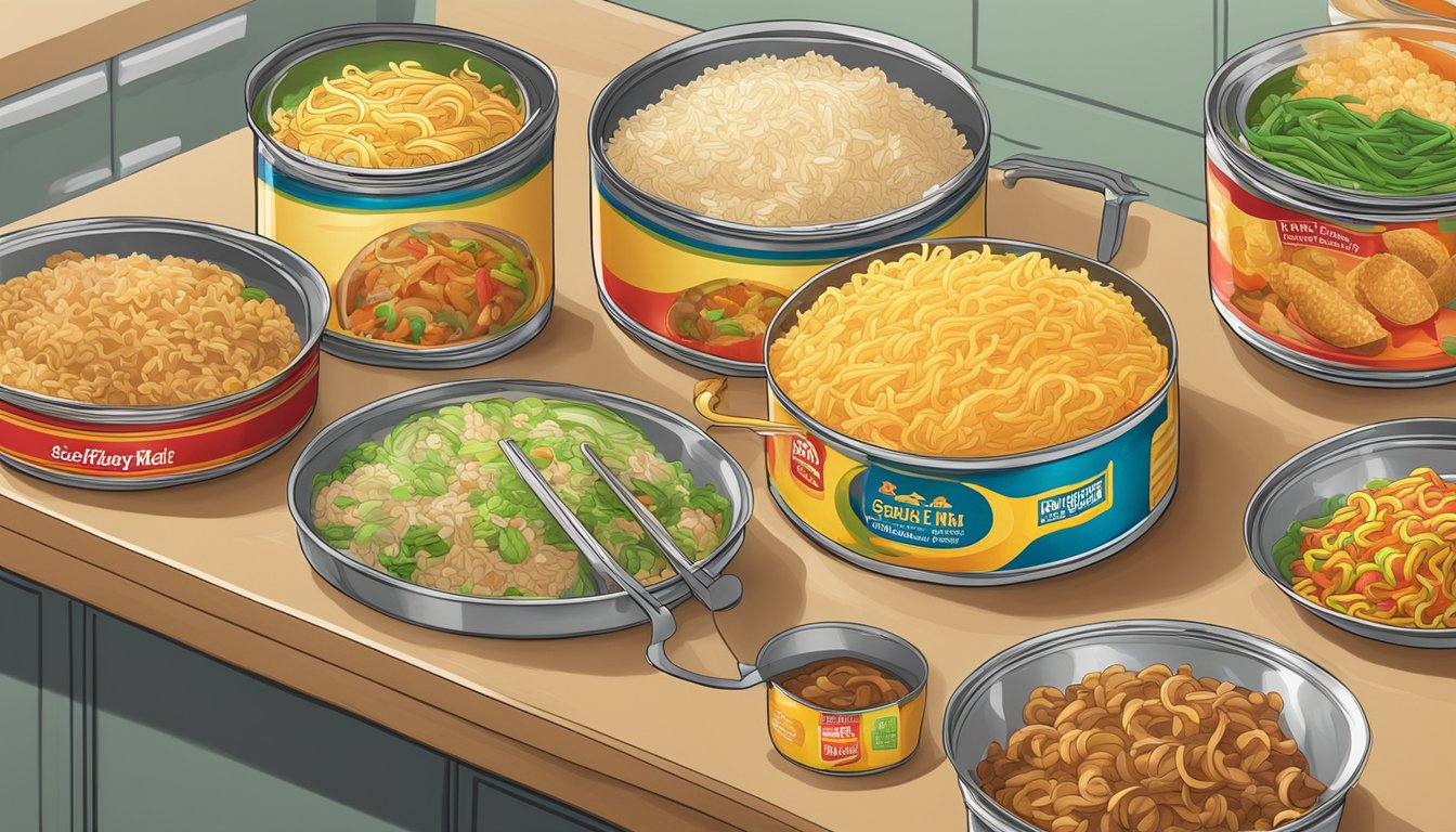 A colorful array of canned chow mein and boxed fried rice mix on a kitchen counter