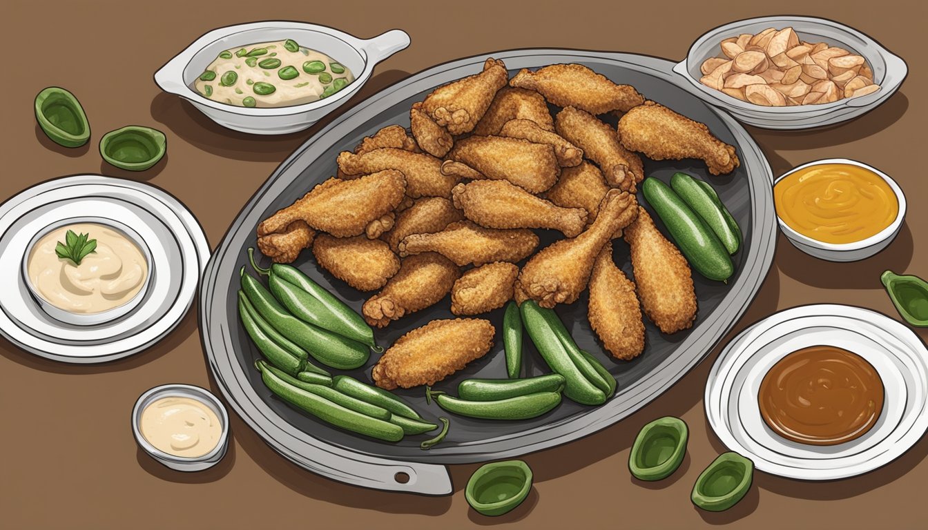 A platter with frozen chicken wings on one side and jalapeno poppers on the other, surrounded by empty plates and a variety of dipping sauces