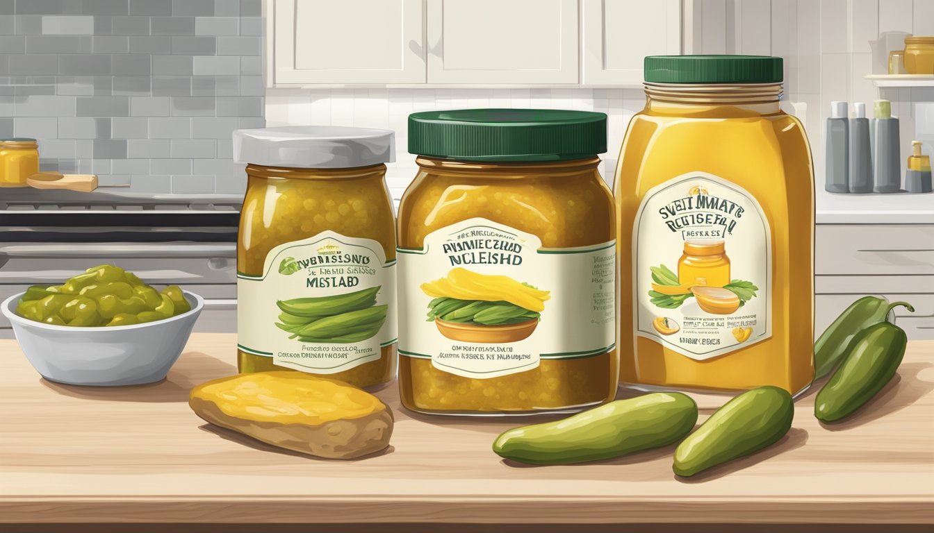 A spread of condiment bottles on a kitchen counter, with a jar of honey mustard and a jar of sweet pickle relish