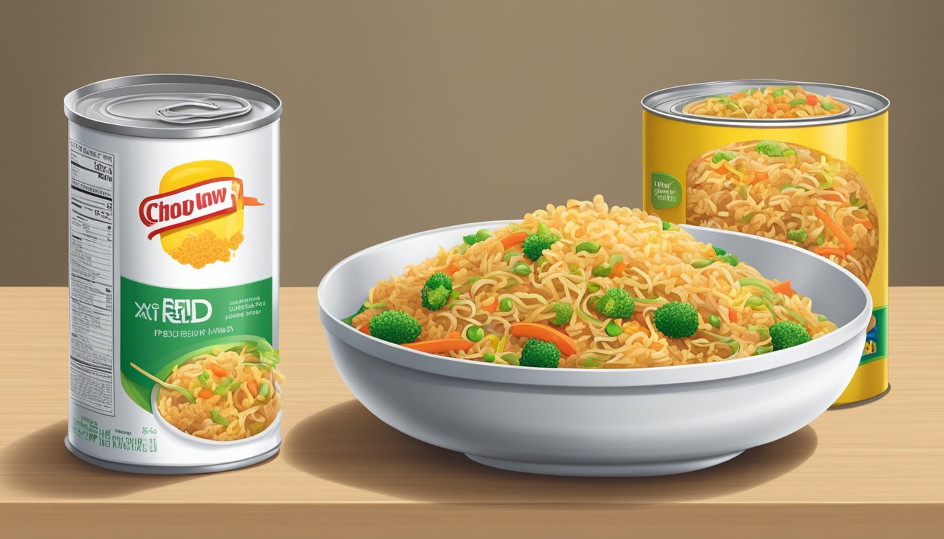 A can of chow mein and a box of fried rice mix on a table