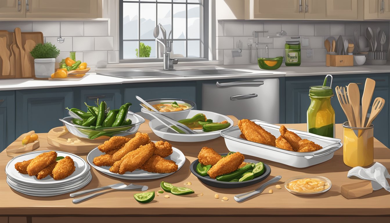 A kitchen counter with a package of frozen chicken wings and a plate of jalapeno poppers, surrounded by scattered cooking utensils