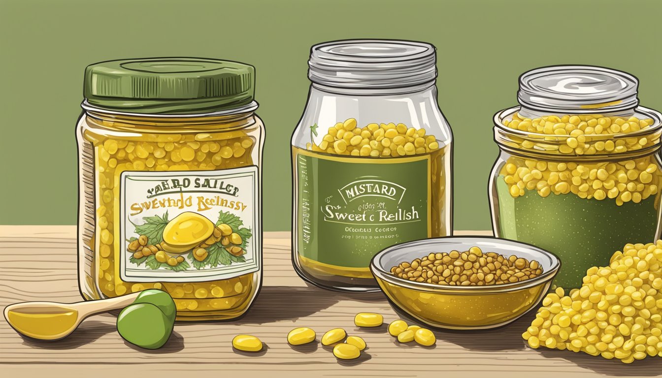 A table with a jar of honey mustard next to a jar of sweet pickle relish, surrounded by scattered mustard seeds and pickle slices