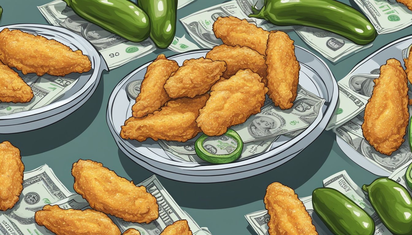 A pile of frozen chicken wings and jalapeno poppers on a scale, with dollar signs and question marks floating above them