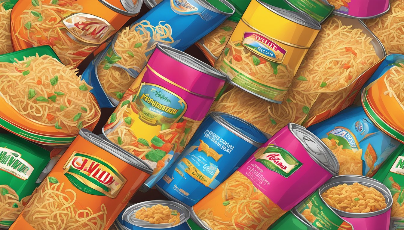 A colorful array of canned chow mein and boxed fried rice mix spill out of torn packaging, with a mix of textures and flavors