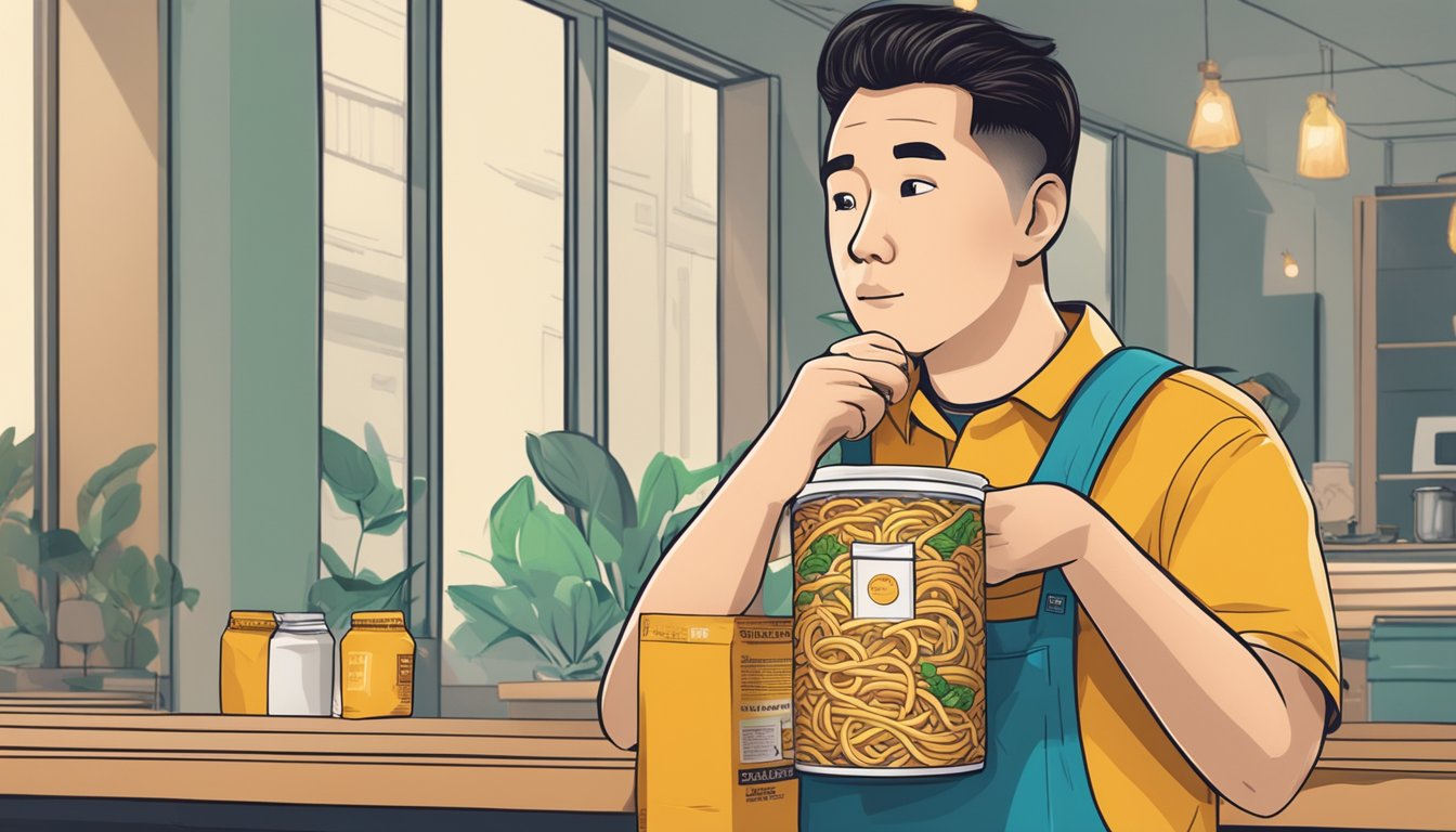 A person holding a can of chow mein in one hand and a box of fried rice mix in the other, with a thoughtful expression on their face