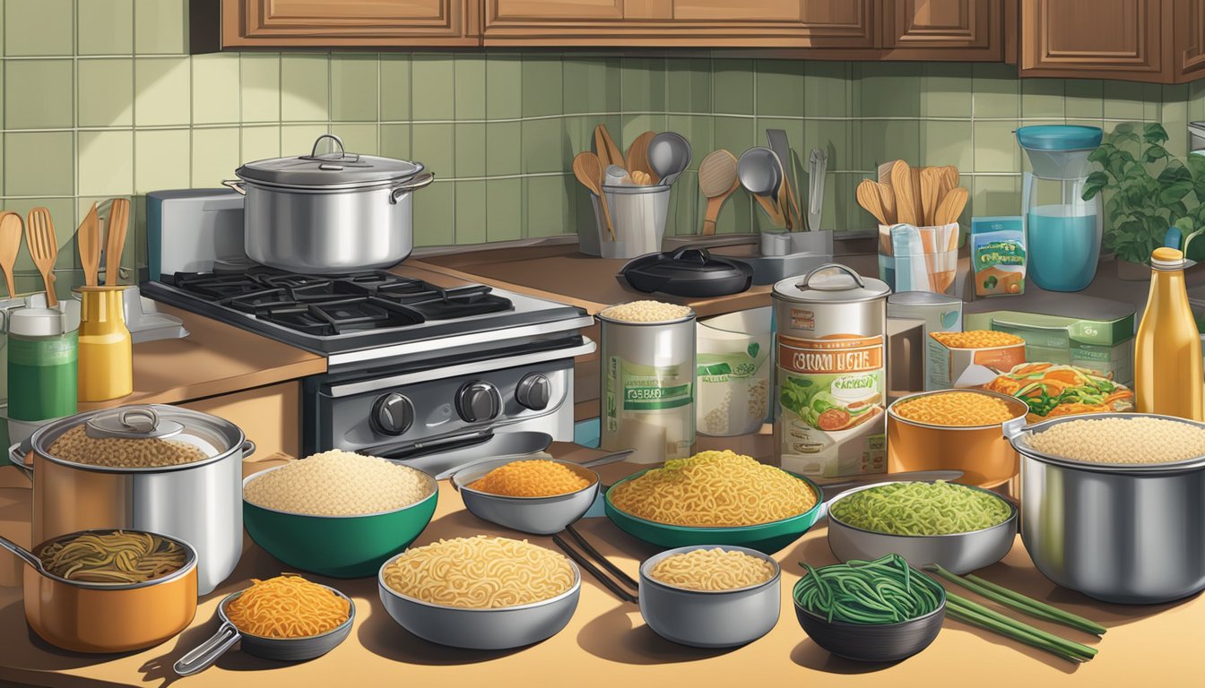 A kitchen counter with open cans of chow mein and boxes of fried rice mix, surrounded by various cooking utensils and ingredients