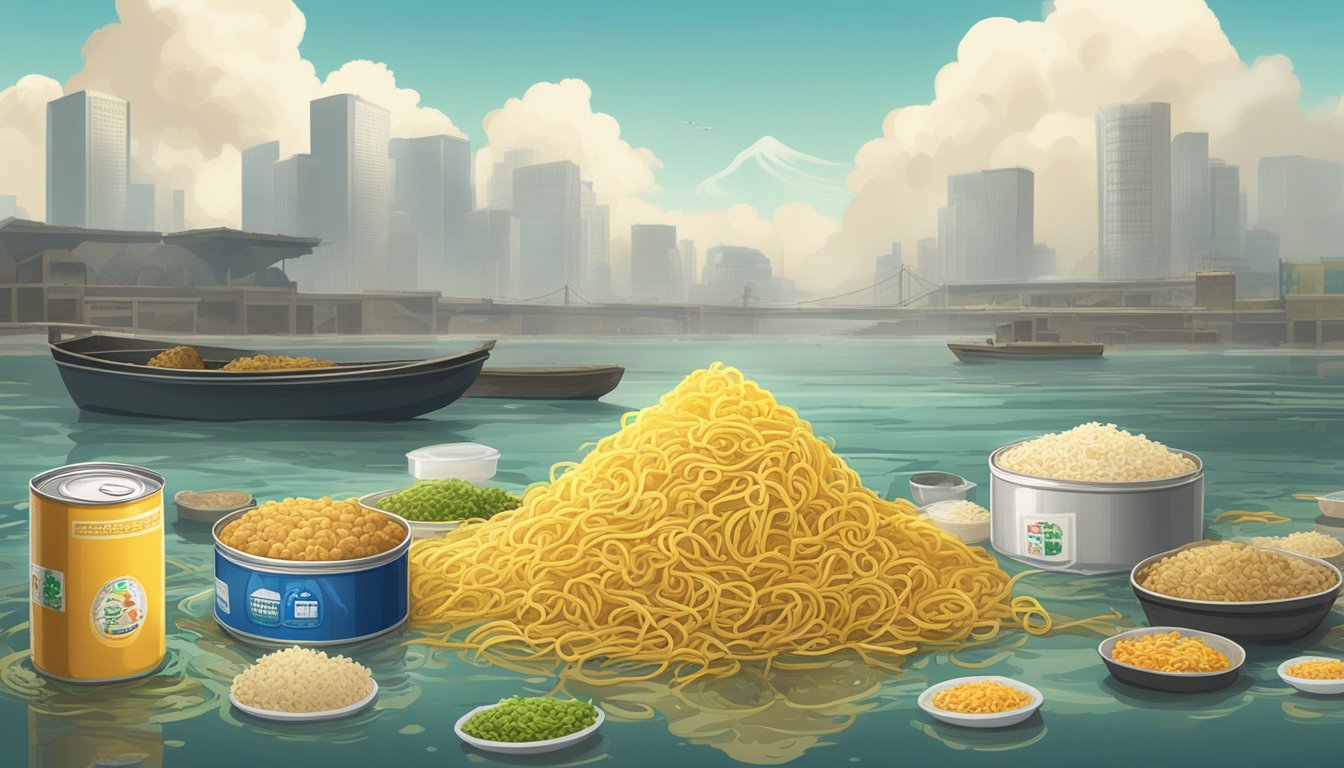 A pile of discarded canned chow mein and boxed fried rice mix surrounded by polluted water and smog-filled air