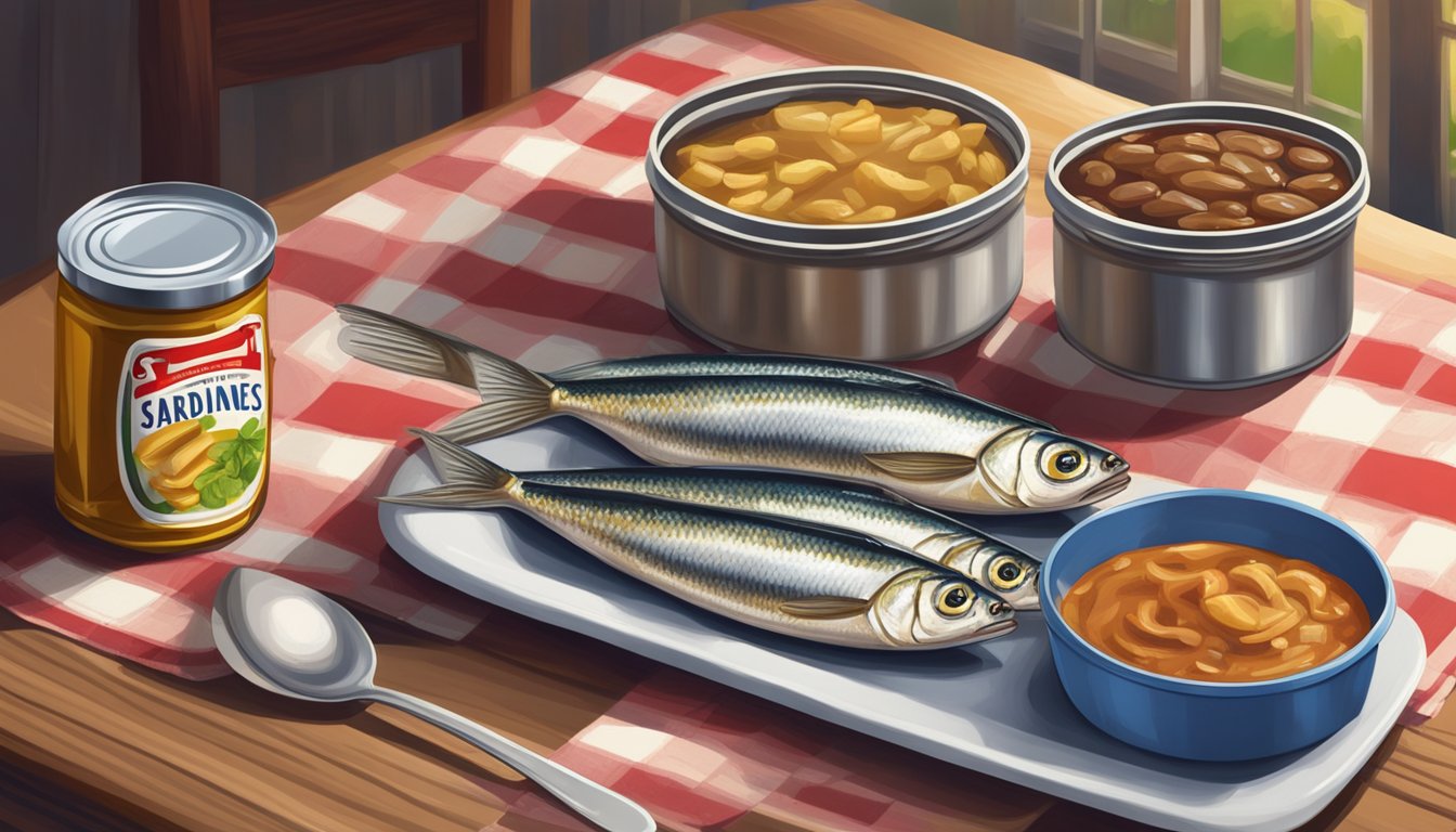 A can of sardines in oil next to a jar of potted meat spread, both sitting on a wooden table with a checkered tablecloth