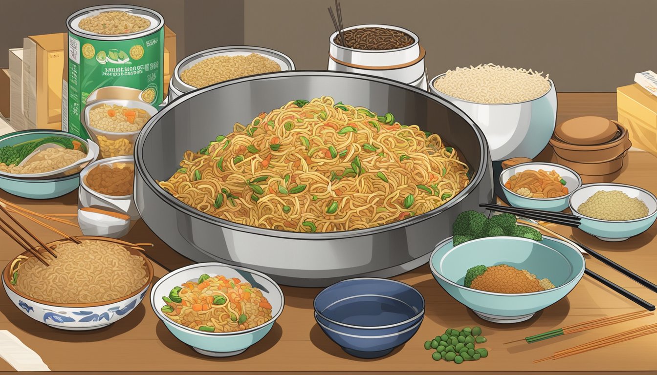 A kitchen counter with open cans of chow mein and boxes of fried rice mix, surrounded by empty plates and chopsticks