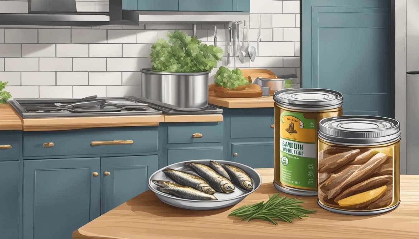 A can of sardines and a jar of potted meat spread being unpacked on a kitchen counter