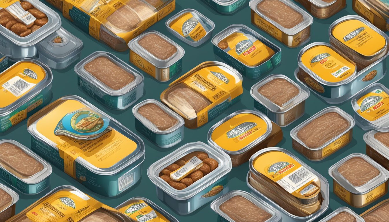 A shelf with canned sardines in oil and potted meat spread, surrounded by nutritional labels and a scale