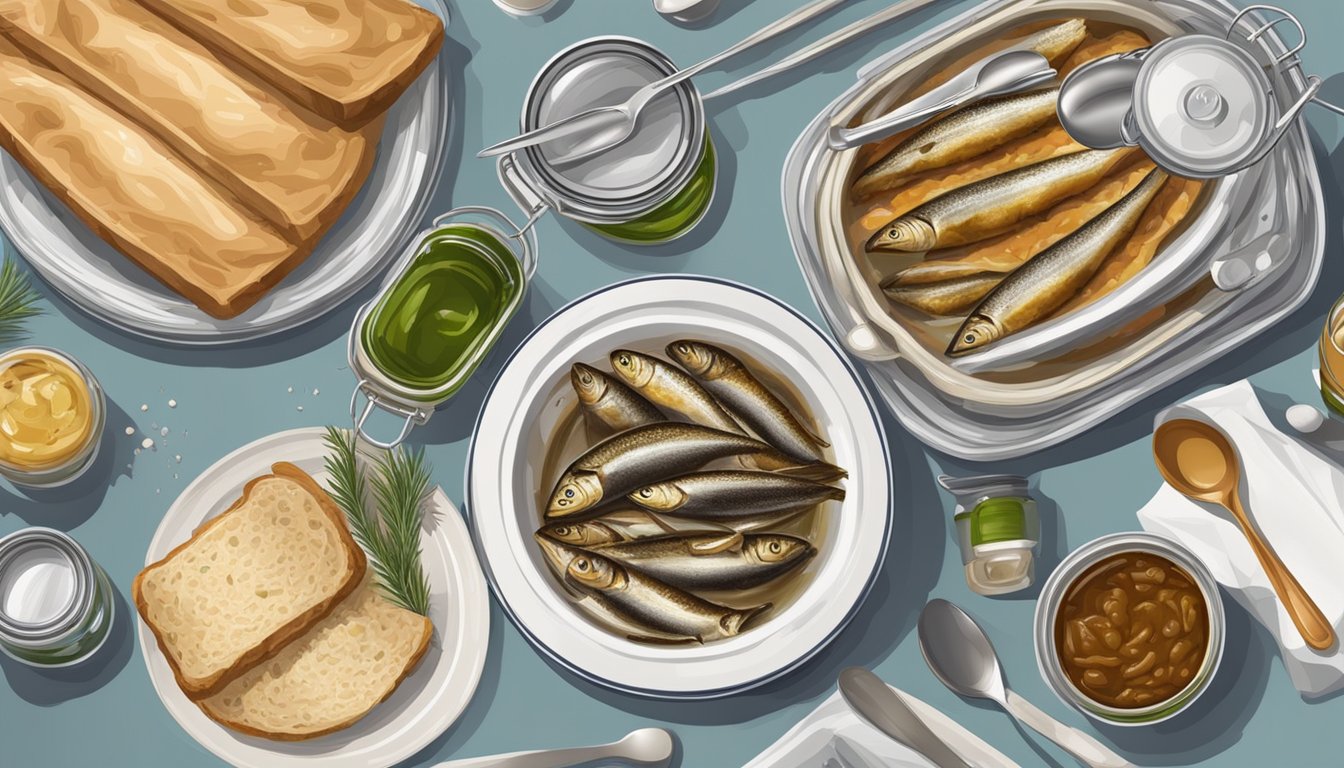 A table set with a can of sardines in oil and a jar of potted meat spread, surrounded by empty plates and utensils