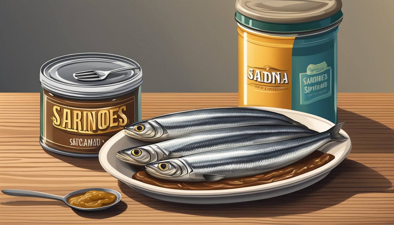 A can of sardines in oil next to a jar of potted meat spread on a wooden table