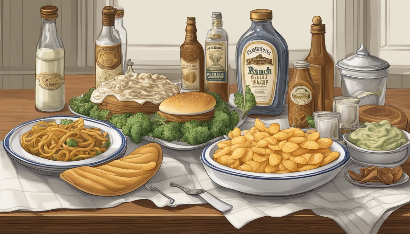 A table set with a variety of historical artifacts and food items, including bottles of ranch dressing and French onion dip