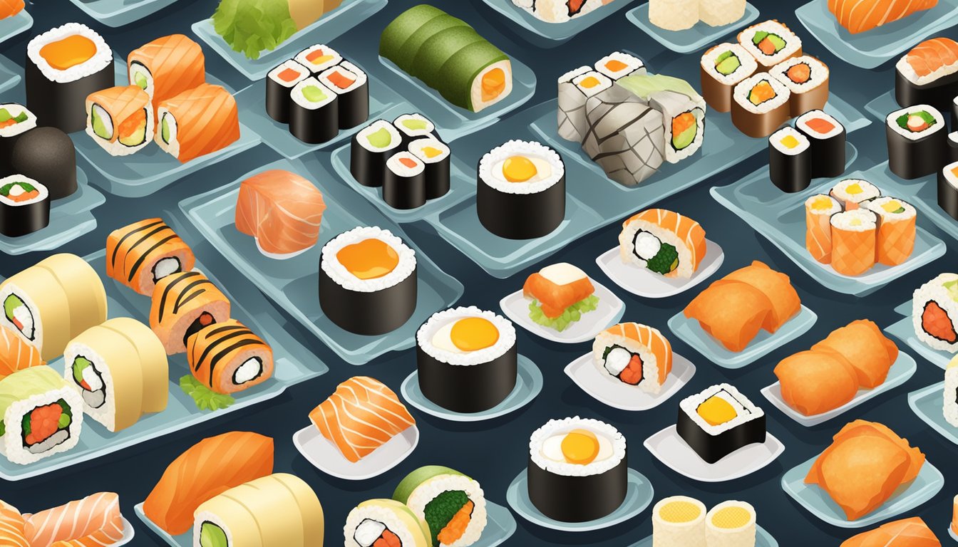 A plate with a variety of packaged sushi rolls and microwaveable egg rolls, arranged in an appetizing display