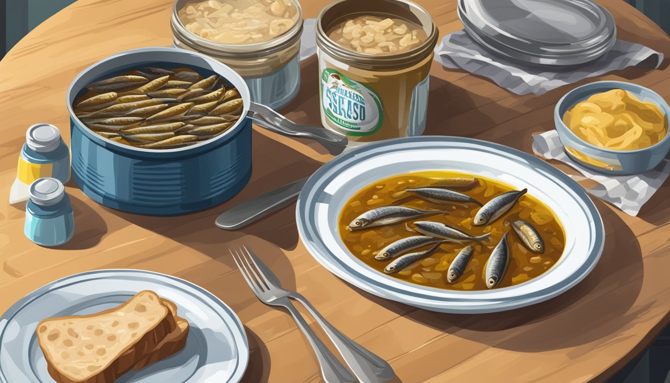 A table with an open can of sardines in oil next to a jar of potted meat spread, surrounded by empty plates and utensils