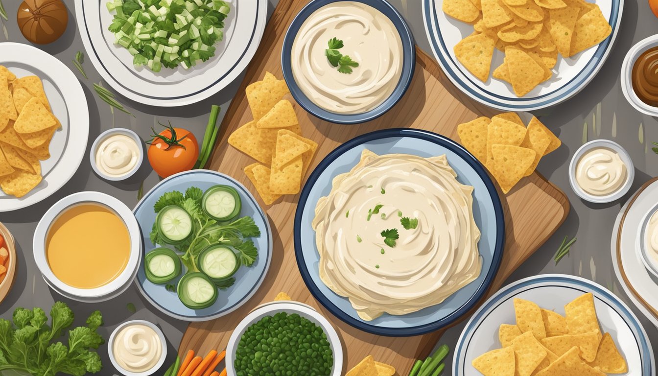 A table set with a variety of dishes, including a bottle of ranch dressing and a bowl of French onion dip, surrounded by chips and vegetables