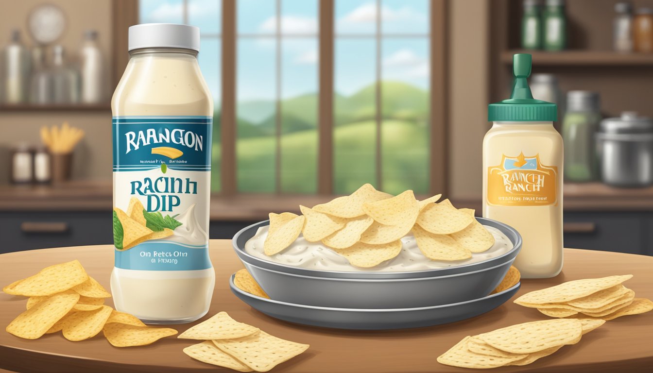 A table set with a variety of chips and two open containers: one of bottled ranch dressing and the other of French onion dip