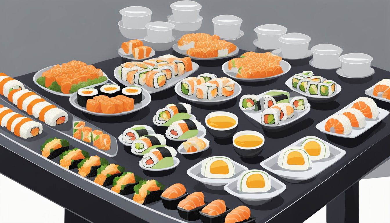 A table with a variety of packaged sushi rolls and microwaveable egg rolls arranged neatly on separate plates