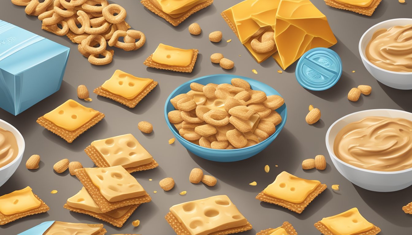 A table with open packages of cheese crackers and peanut butter-filled pretzels, with scattered crumbs and empty wrappers