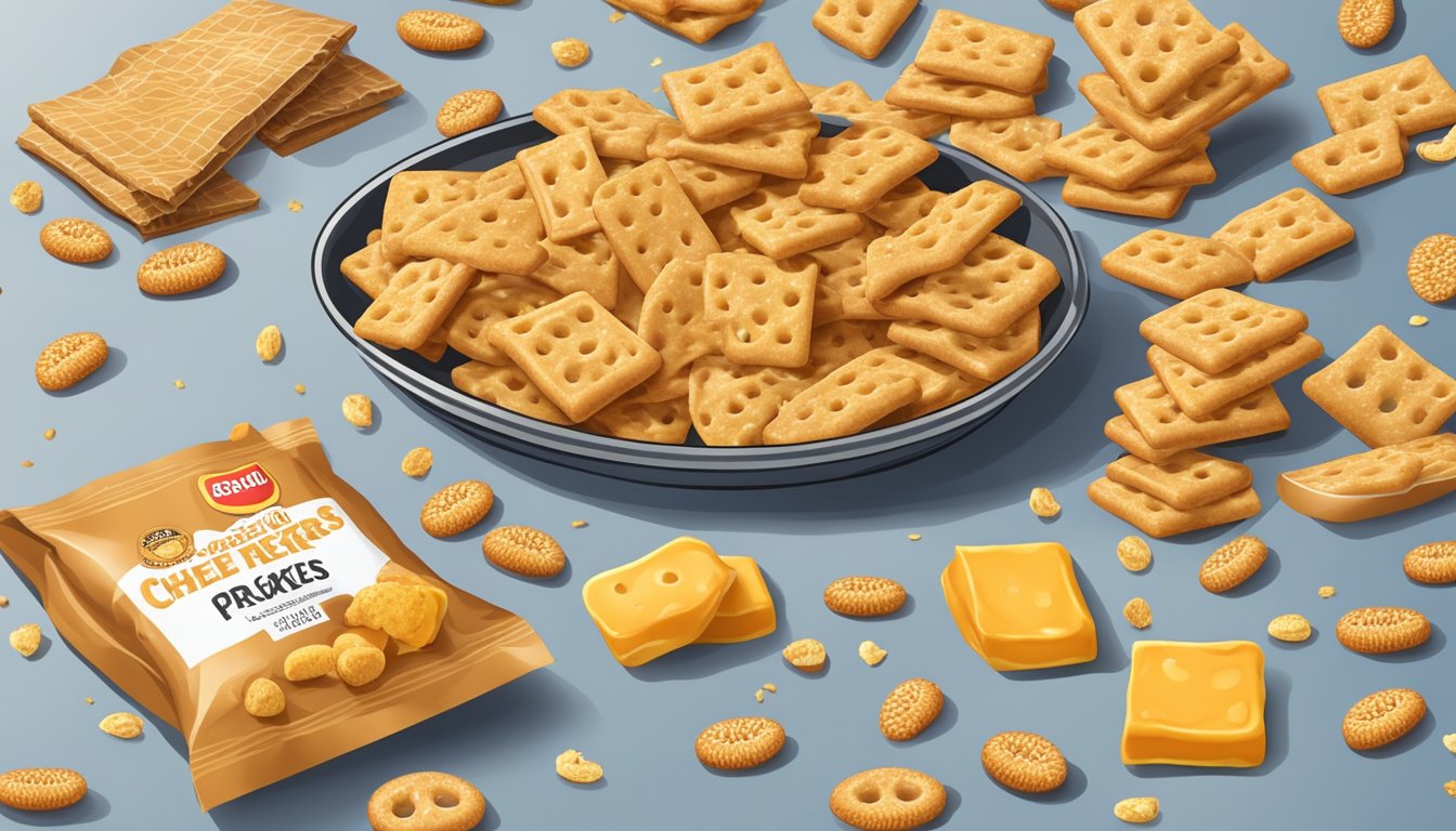 A table with open packages of cheese crackers and peanut butter-filled pretzels, surrounded by scattered crumbs and empty wrappers