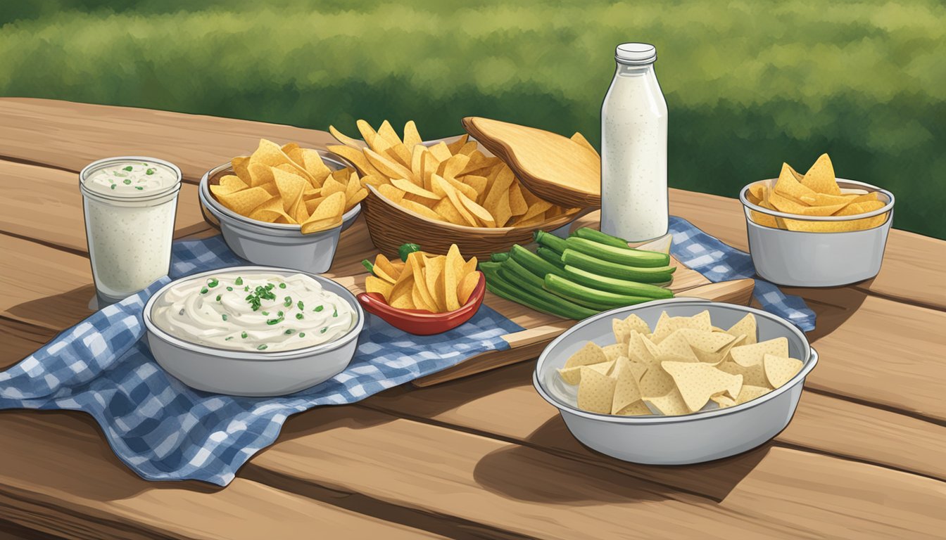 A picnic table with a spread of chips, veggies, and two open containers of bottled ranch dressing and French onion dip