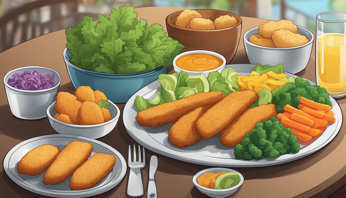 A plate with frozen chicken patties and breaded fish sticks side by side, surrounded by a variety of colorful vegetables and a glass of water