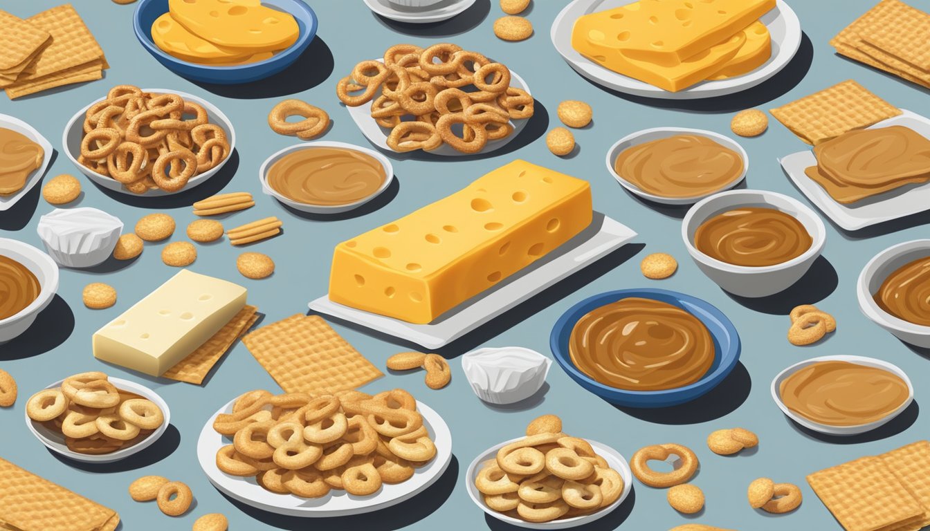 A table with a spread of packaged cheese crackers and peanut butter-filled pretzels, surrounded by empty snack wrappers