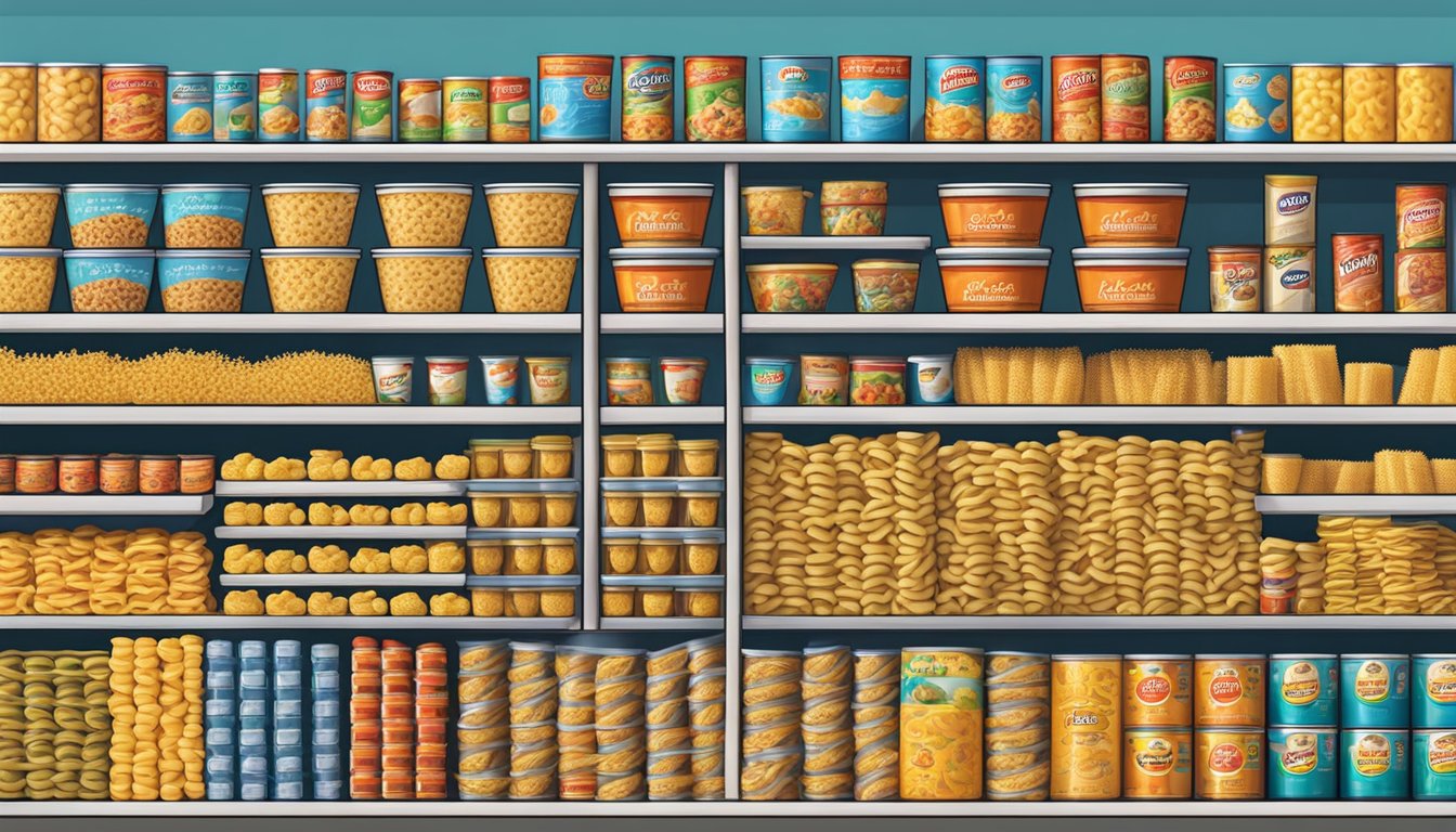 A crowded pantry shelf with colorful cans of SpaghettiOs and stacks of macaroni and cheese cups, surrounded by nostalgic packaging and branding