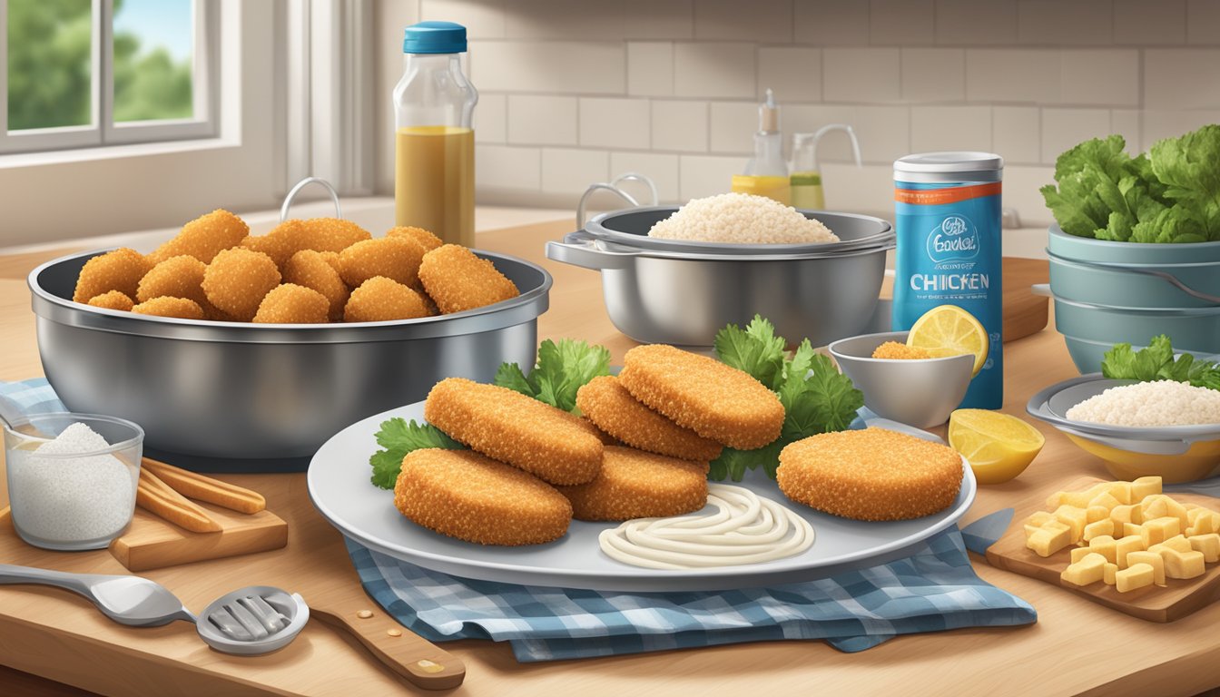 A kitchen counter with a package of frozen chicken patties and breaded fish sticks, surrounded by various cooking utensils and ingredients