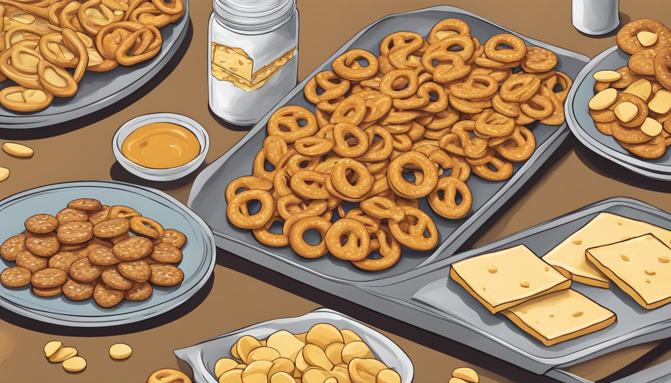 A table with a variety of packaged cheese crackers and peanut butter-filled pretzels scattered across it