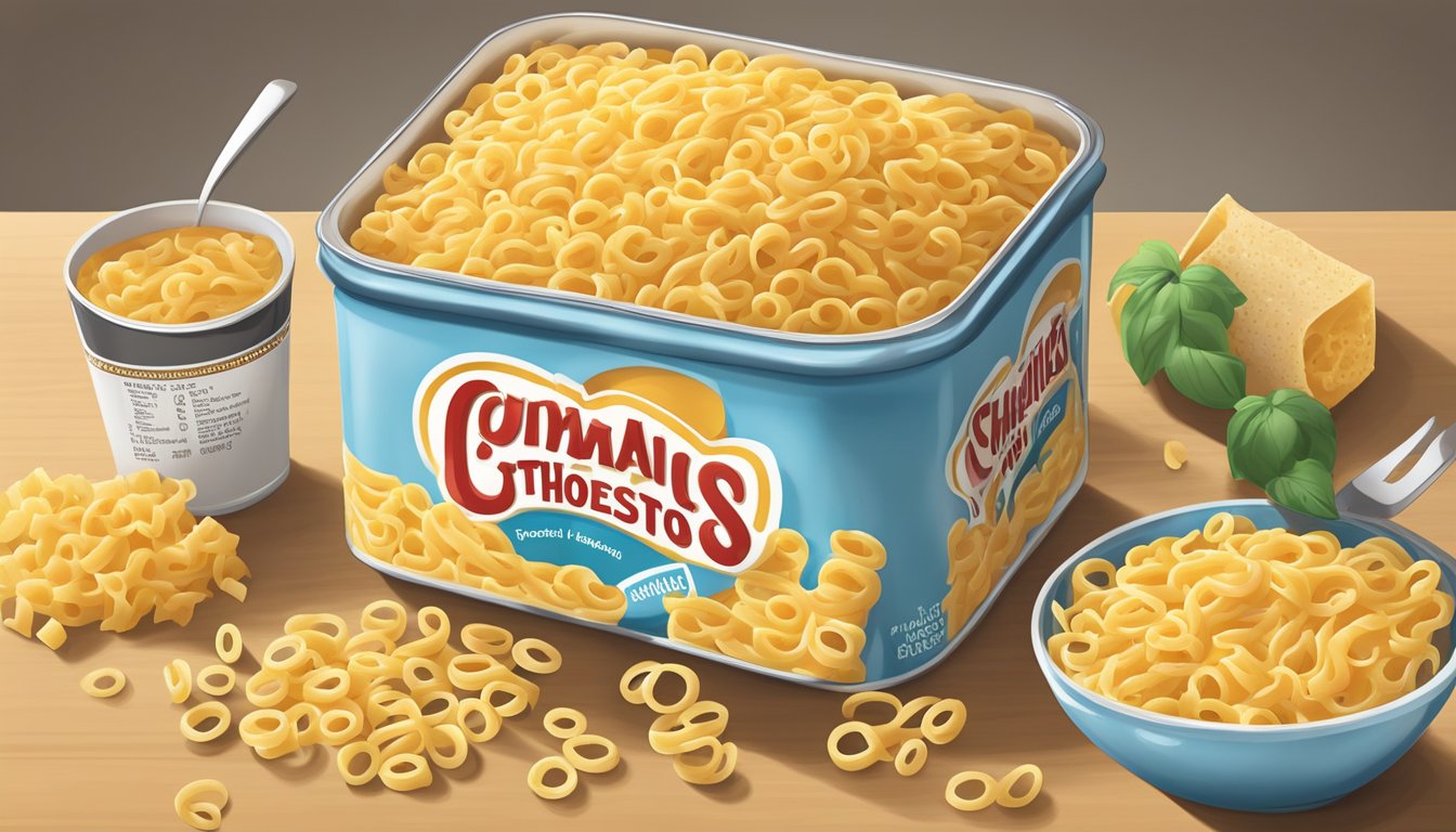 A table with a can of SpaghettiOs and a mac and cheese cup, surrounded by scattered pasta shapes and nutritional labels