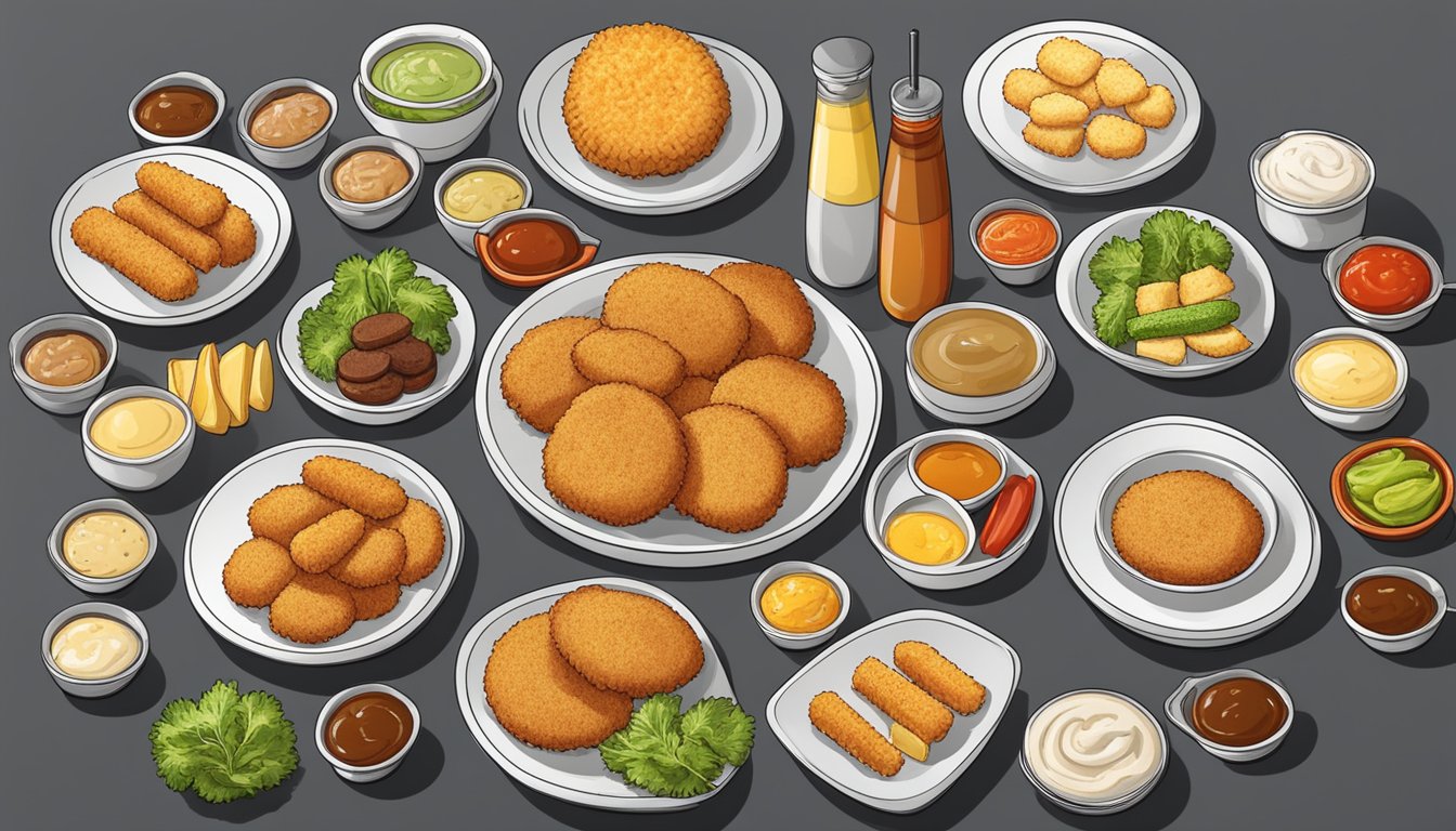 A plate with frozen chicken patties and breaded fish sticks, surrounded by various condiments and side dishes