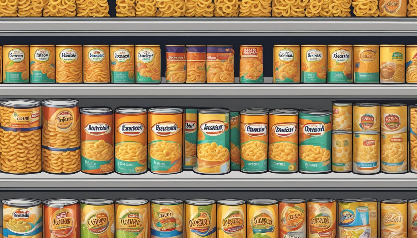 A shelf with rows of canned SpaghettiOs and macaroni and cheese cups, with price tags displayed above each item