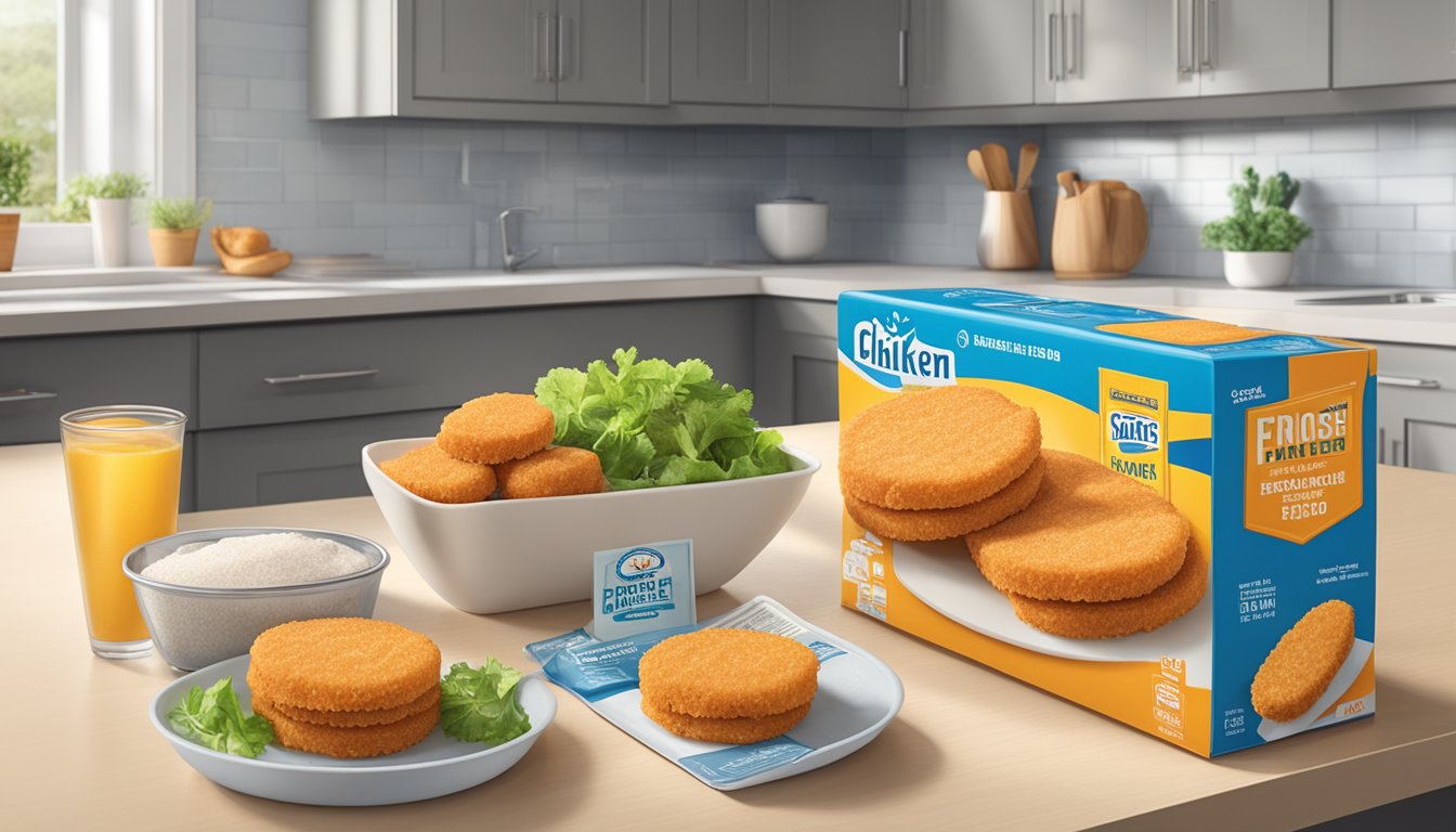 A kitchen counter with a package of frozen chicken patties and a box of breaded fish sticks, with a scale nearby for comparison