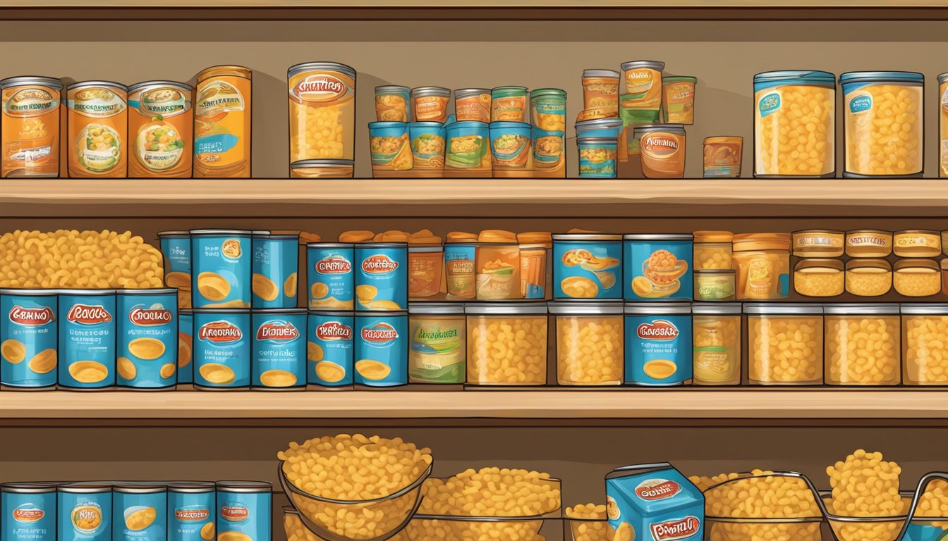 A pantry shelf with rows of canned SpaghettiOs and macaroni and cheese cups, with a bowl and spoon nearby