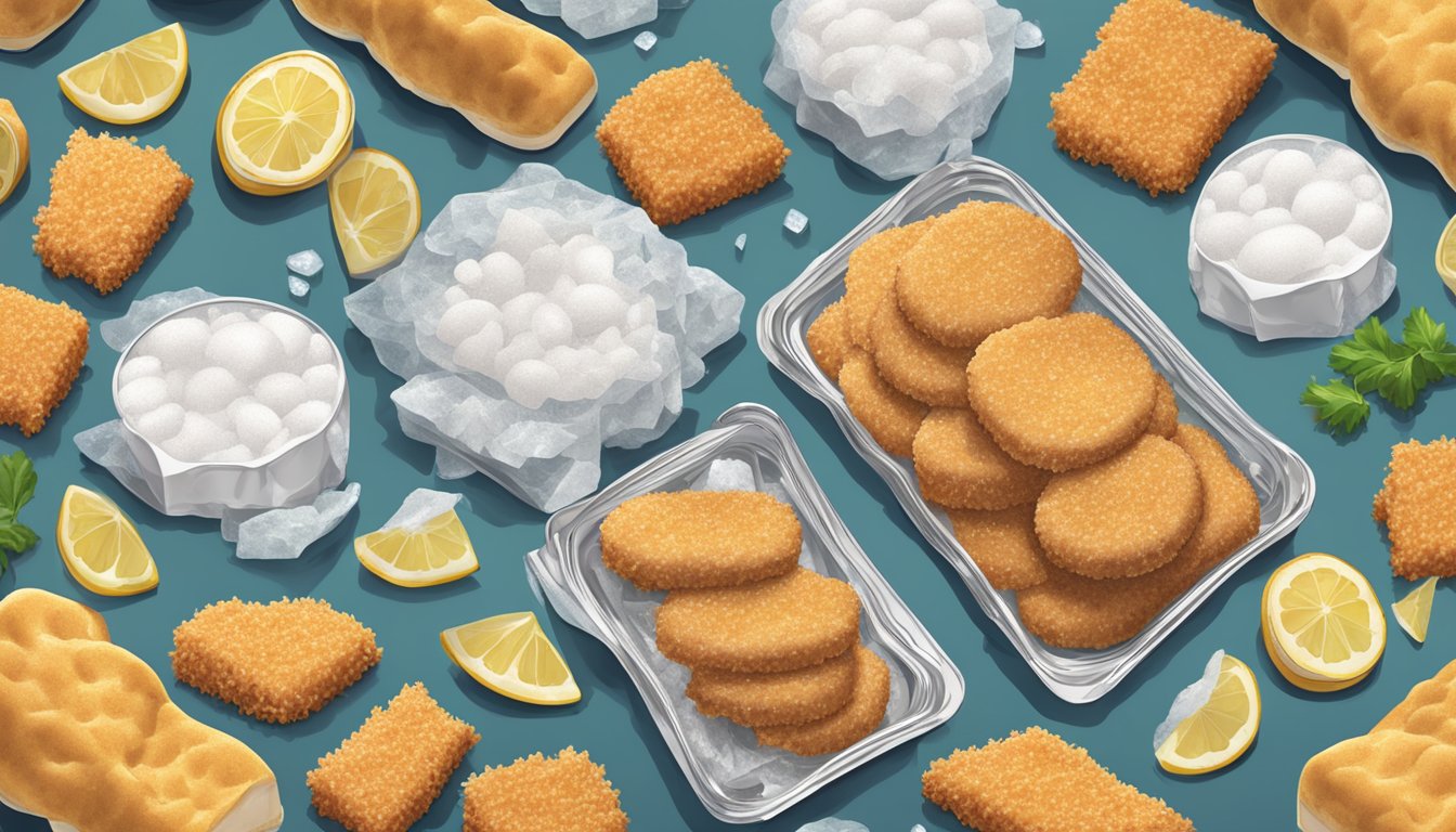 A pile of frozen chicken patties and breaded fish sticks surrounded by melting ice and packaging waste