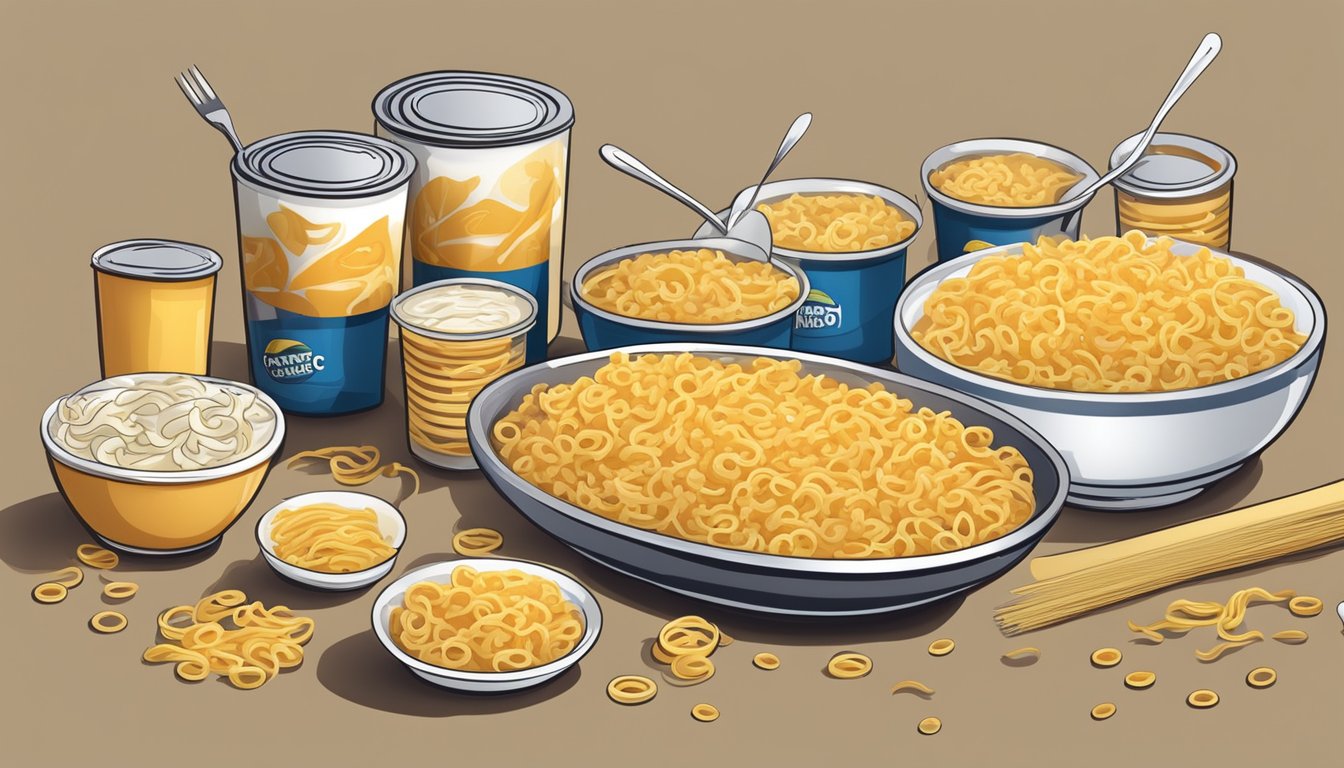 A table with open cans of SpaghettiOs and mac and cheese cups, surrounded by spilled noodles and a few scattered utensils