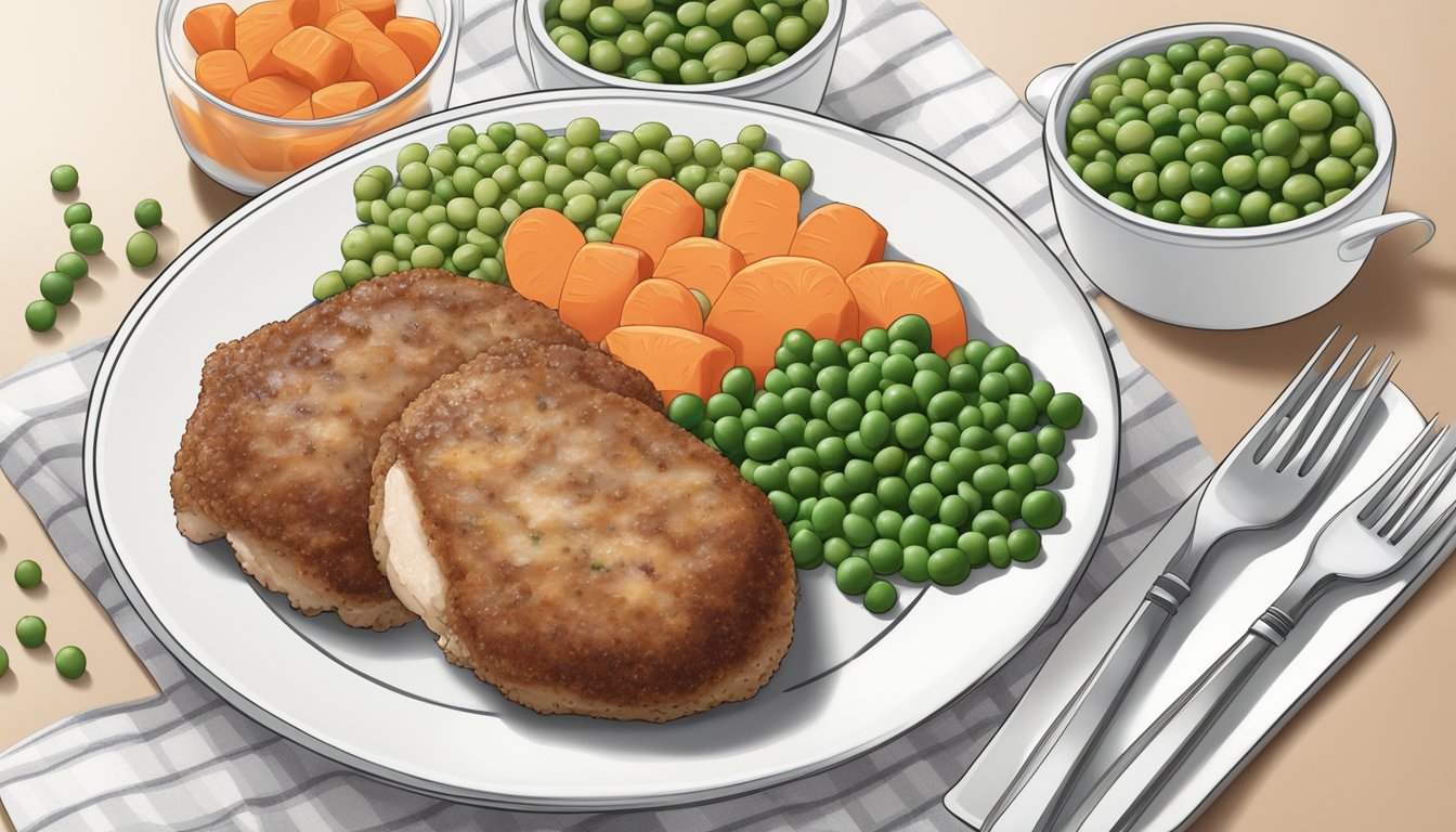 A frozen chicken cordon bleu and salisbury steak dinner sit side by side on a white plate, surrounded by a few scattered peas and carrots