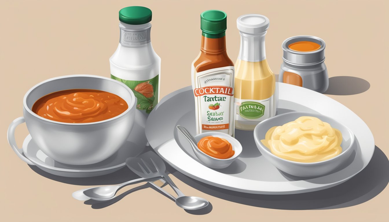 A table with two open bottles of sauce, one labeled "cocktail sauce" and the other "tartar sauce," surrounded by small dishes and utensils