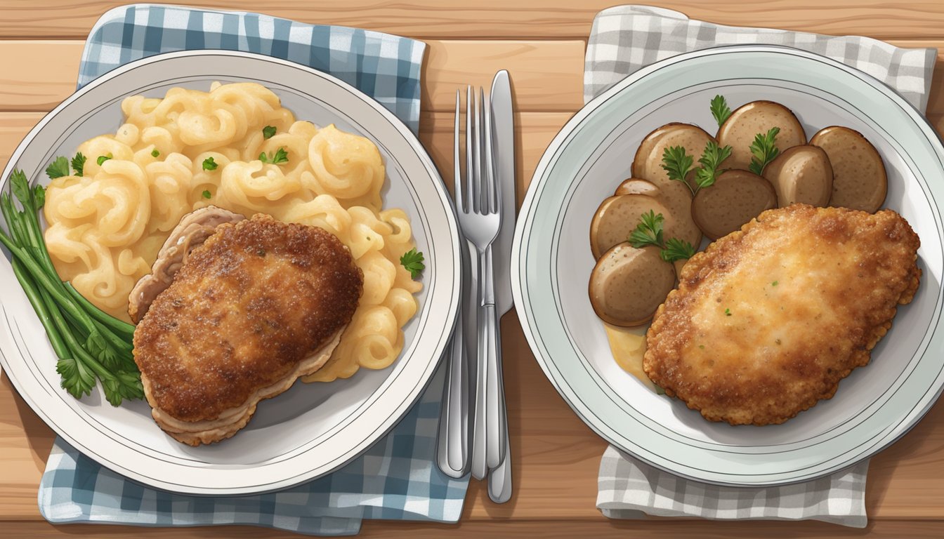 A comparison of frozen chicken cordon bleu and salisbury steak dinners on a kitchen counter