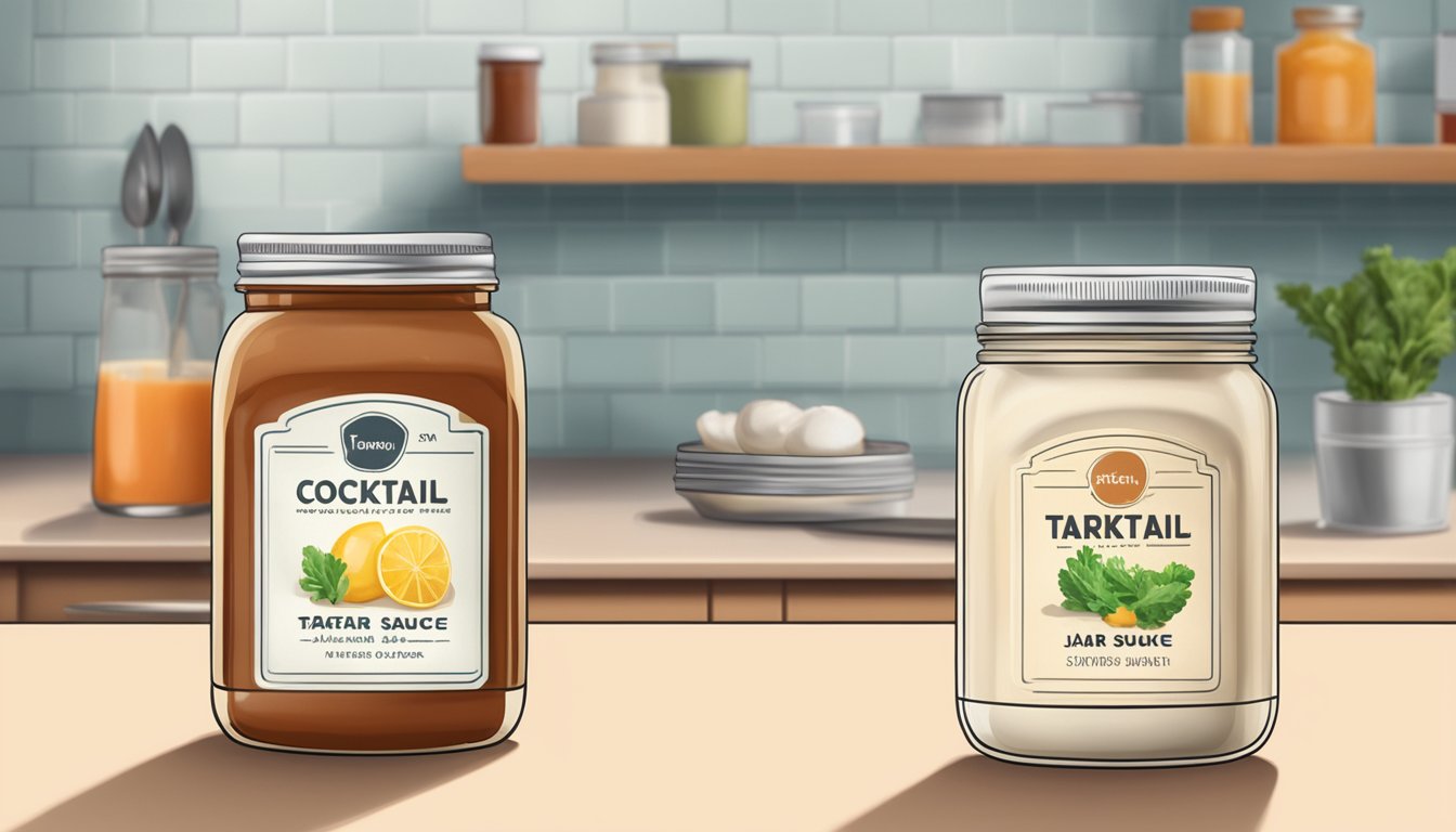 A jar of cocktail sauce and a jar of tartar sauce sitting side by side on a kitchen counter