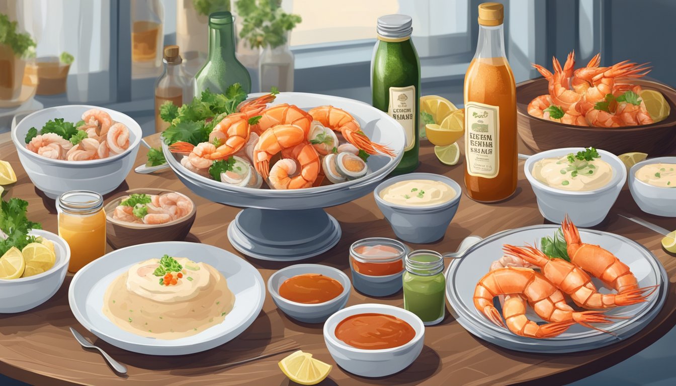 A table with a bottle of cocktail sauce and a jar of tartar sauce, surrounded by various seafood dishes like shrimp and fish