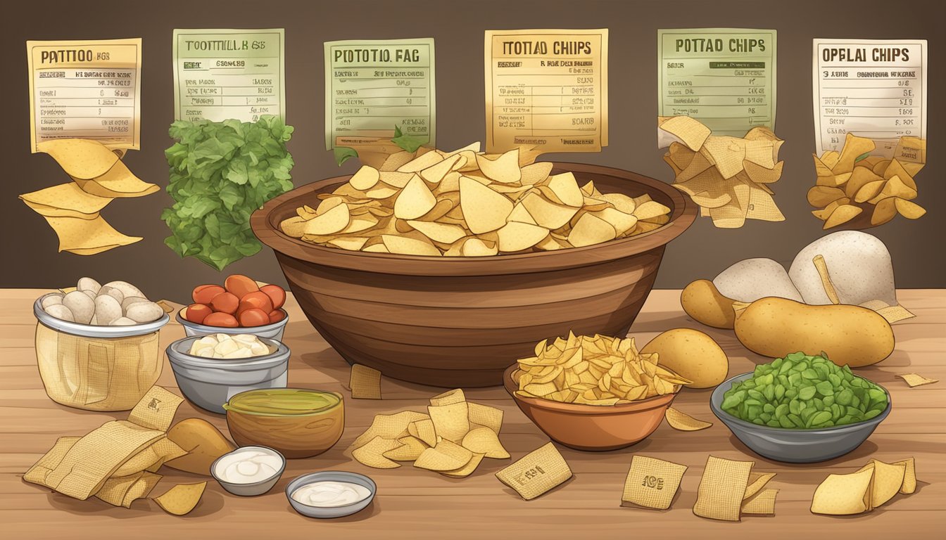 A table with open bags of potato and tortilla chips, surrounded by nutritional labels and a scale