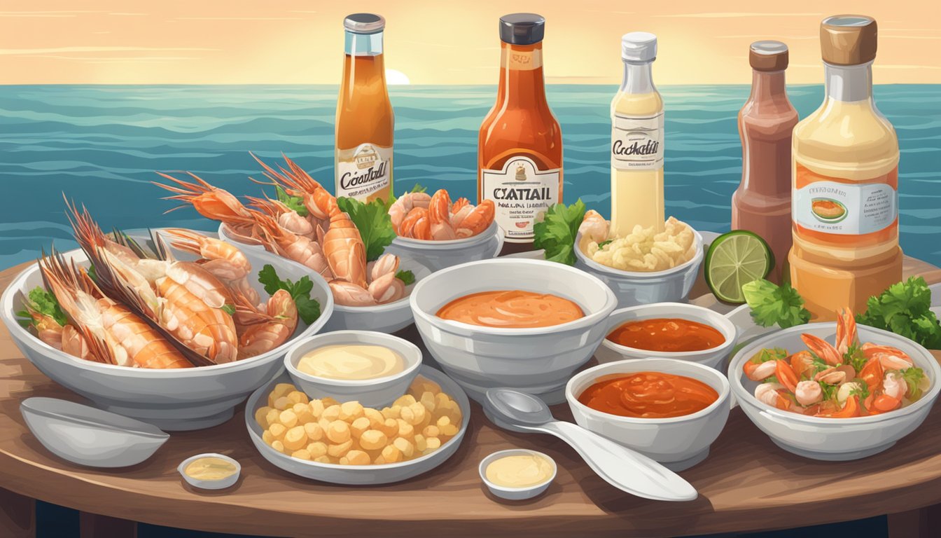 A table with two open bottles of sauce, one labeled "cocktail sauce" and the other "tartar sauce," surrounded by various seafood dishes