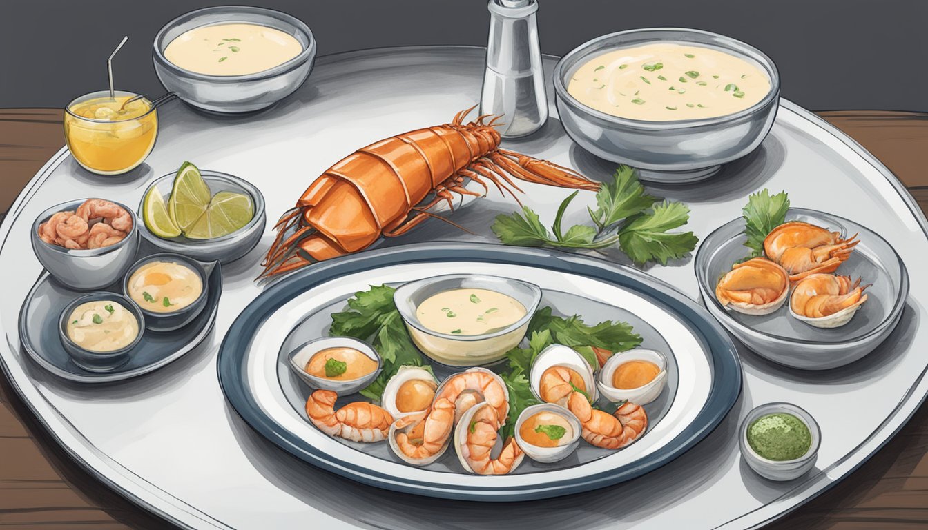 A plate of seafood with two small bowls of cocktail and tartar sauce next to it