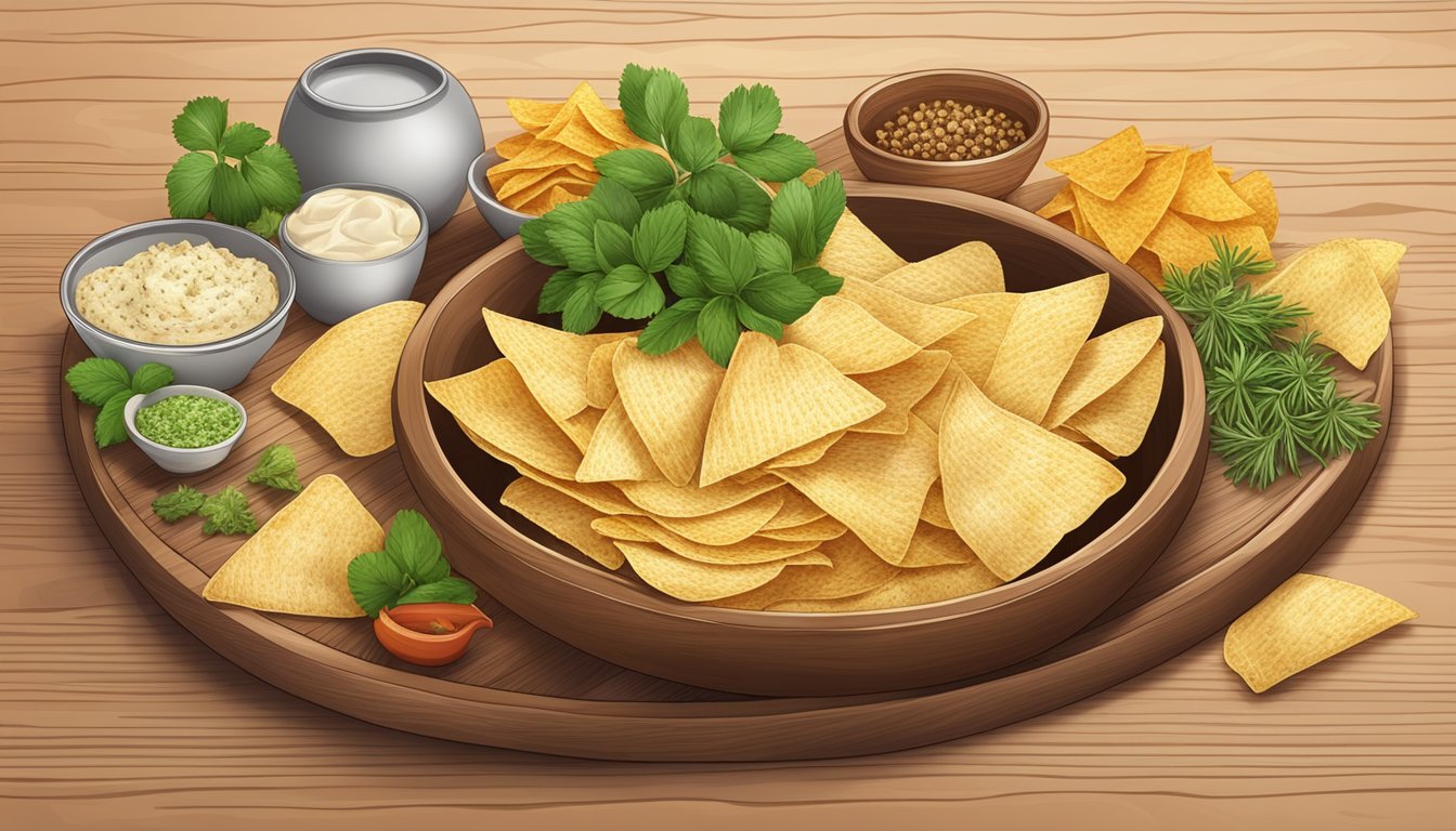 A bowl of packaged potato chips and tortilla chips arranged on a wooden serving platter, with a selection of fresh herbs and spices in the background